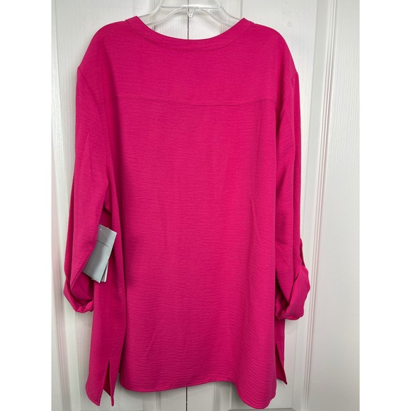 Multiples Button Front Tunic Womens Large Pink NWT Roll Tab Sleeve Slit Hem F5 - Picture 2 of 8